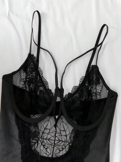 Zwart Contrast Kanten Cut Out Spaghetti Strap Babydoll Verleidelijke Lingerie, Baddie Look view 6