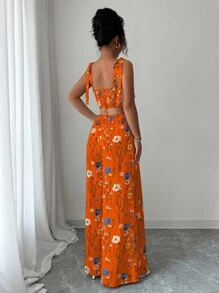 Elenzga 2 件套女士花卉印花吊带背心，背部交叉设计，阔腿交叉腰裤套装 - 橘色 - 查看 2