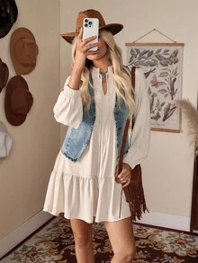 LanaWest 系带领灯笼袖罩衫连衣裙，女士可爱荷叶边下摆，褶皱长袖系带领常规款式短款米色主教袖纯色 A 字型女式短裙，春季/秋季，休闲日常穿着 - 米色 - 查看 3