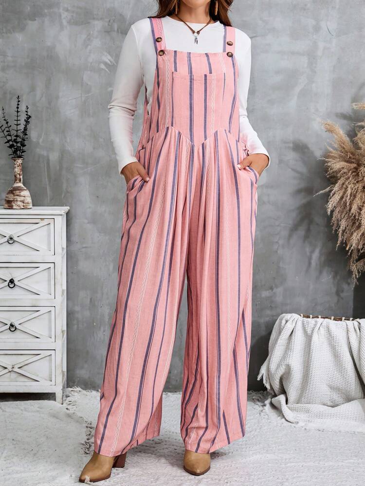 Plus Size Women's Casual Vacation Pink Striped Pocket Design Pleated Wide Leg Casual Pocket Long Jumpsuit Striped Jumpsuit Women Jumpsuits Summer Palazzo Jumpsuit Fall Women Clothes