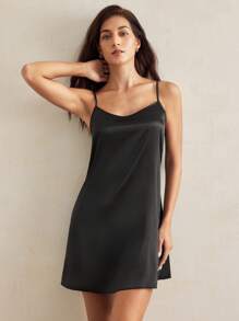 Charlaine 女士黑色缎面细肩带吊带裙 - 黑色 - 查看 3