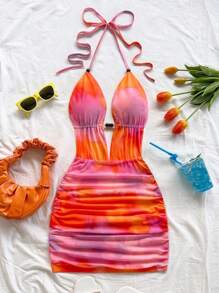 Soleia 女士浪漫针织网眼日落渐变印花深 V 领露背褶饰紧身迷你连衣裙，适合节日、约会、下午茶、海滩度假、城市旅行、婚礼季、音乐节、波西米亚风度假，可内外穿着