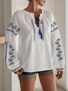 100%Cotton Linen Quality, Embroidery Detailed Balloon Sleeve Premium Quality Blouse - White - View 5