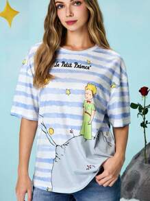 LE PETIT PRINCE X SHEIN Áo thun sọc xanh rộng rãi cho nữ, Trở lại trường, Áo đi học, Áo cơ bản, Họa tiết hoạt hình, Họa tiết chữ, Họa tiết hành tinh, Họa tiết cáo, Họa tiết màu nước, Áo thun mùa thu và mùa đông - Xanh và trắng - Xem 5