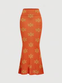 SHEIN MOD Women's Elegant Floral Pattern Mermaid Hem Knit Skirt In Fall/Winter - Orange - View 1