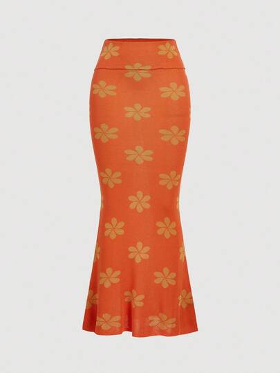 SHEIN MOD Women's Elegant Floral Pattern Mermaid Hem Knit Skirt In Fall/Winter