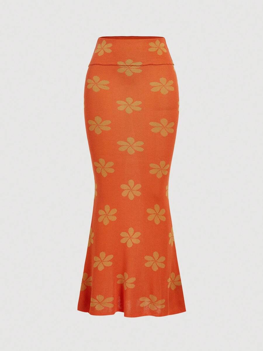 SHEIN MOD Women's Elegant Floral Pattern Mermaid Hem Knit Skirt In Fall/Winter - Orange - View 1