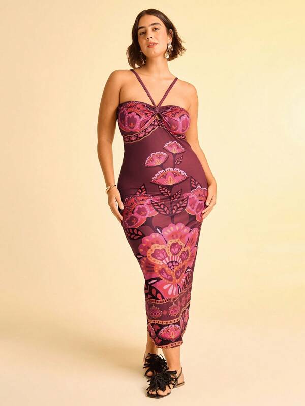 CAJUNI Plus Size Women Tropical Vacation Casual Fuchsia Floral & Plant Print Bandeau Backless Bodycon Midi Dress