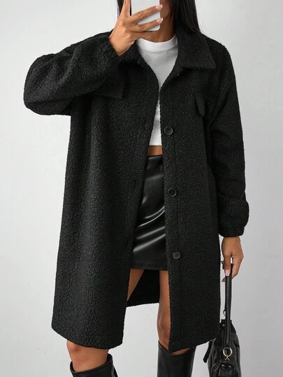 EURMUSE Women's Solid Color Front Button Long Sleeve Casual Shirt Collar Jacket Thermal Long Coat Women Coats Oversized Jacket Shackets For Women Teddy Coat Trench Coat Black Coat