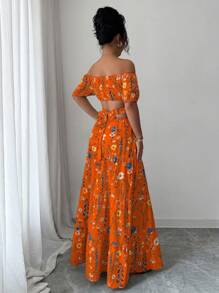 Elenzga Standard Size Women's Backless Tie Design Off Shoulder Elegant Long Dress - Orange - View 2