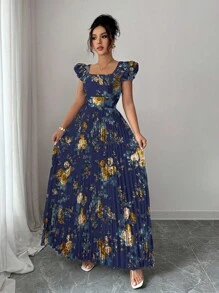 Elenzga 女士印花方领荷叶袖褶裥下摆连衣裙，优雅度假之选