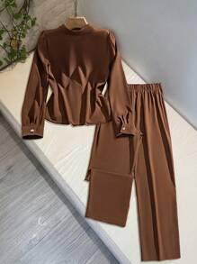 GlowEve Bộ đồ hai mảnh dệt kim thời trang đi làm mùa thu cho nữ - màu nâu - Xem 2