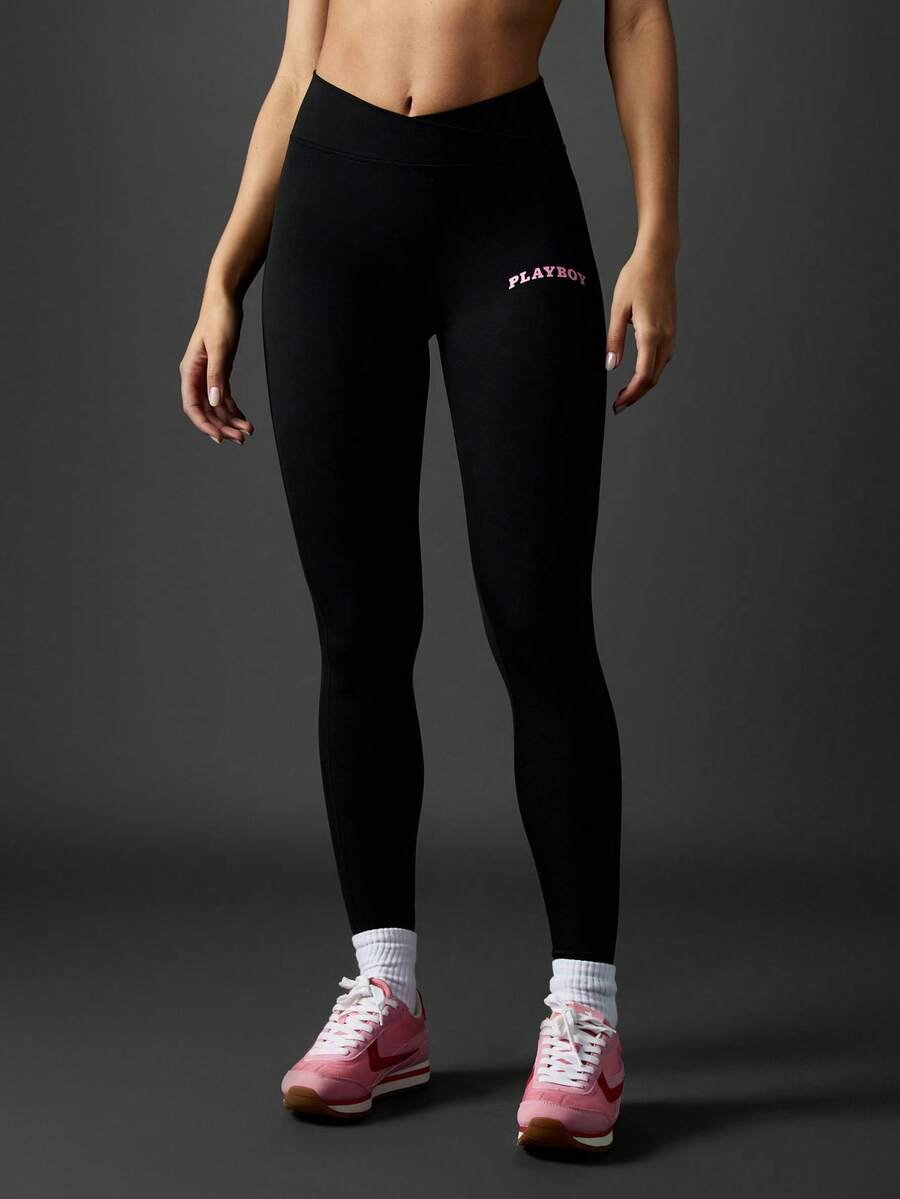 Missguided x Playboy Quần bó tập luyện yoga cạp cao thấm hút mồ hôi, quần bó chạy bộ thể thao in logo, quần tập thể dục - màu đen - Xem 1