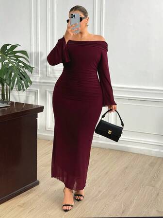 Truni Fall Clothes For Women,WinterPlus Size Women's One Shoulder Maxi Dress, Stretch Mesh Fabric Long Sleeve Dress