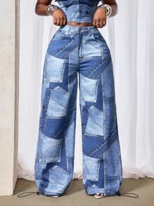 Slaydiva 女式休闲水洗抽绳下摆阔腿牛仔裤 - 藍色 - 查看 1