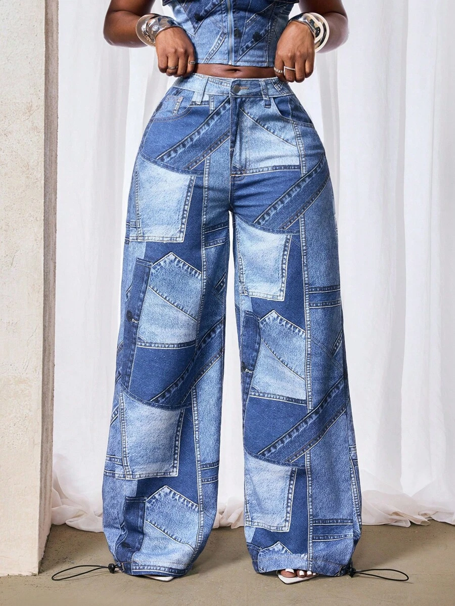 Slaydiva 女式休闲水洗抽绳下摆阔腿牛仔裤 - 藍色 - 查看 1