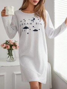 SHEIN Women Contrast Colour Lettered Round Neck Long Sleeve Homewear Pajama Dress Nightgown Long Sleeve Nightgown Womens Nightdress Sleepwear Women