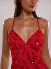 SHEIN BAE Women's Summer Sequin Floral Delicate Elegant Camisole Top - Red - View 4