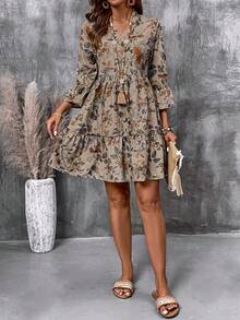 EMERY ROSE Women's Floral Print Cutout V-Neck Ruffled Hem Long Sleeve Mini Dress,Summer Dresses For Women Casual Dresses For Women Holiday Outfits Summer Holiday Outfits Ountry Concert Outfit  Country Dress For Women - Multicolor - View 3