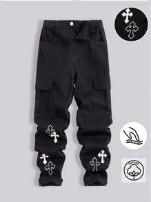 Quần ống rộng in họa tiết màu đen cho bé trai tuổi teen + Quần jean denim màu đen, Quần dài thường ngày thời trang đa năng dành cho bé lớn, Xuân Thu Đông - màu đen - Xem 3