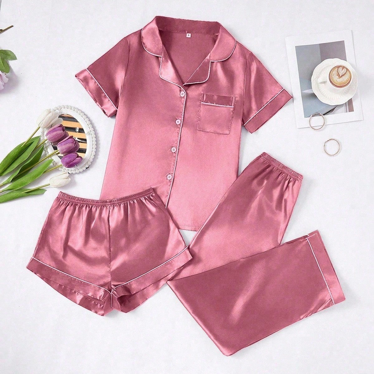 Set de pijama de 3 piezas para mujer de unicolor con ribete de contraste en seda sintética