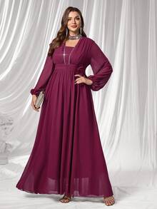 Coutiva Plus Size Women's Rhinestone Decor Long Sleeve High-End Evening Gown, Elegant Luxury Party Dress Sequin Dress  Lace Dress Red Dress Burgundy Dress Luxury Evening Dresses For Women - Burgundy - View 5