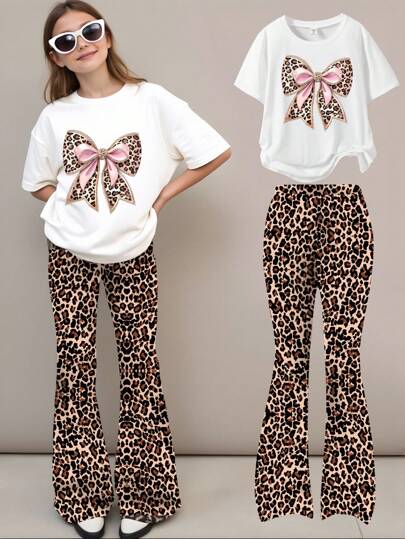 SHEIN Sparklyn 2pcs Tween Girls Casual Comfortable Bow & Leopard Print Pattern Round Neck Short Sleeve T-Shirt And Flare Pants Set, Suitable For Summer Tween Girls Bell Bottom Outfits