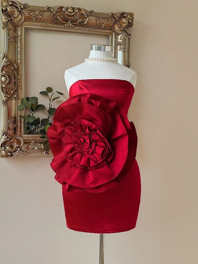 SHEIN Belle Spring And Summer Elegant, Romantic And Gorgeous Red Elastic Bright Satin Tube Hip Exaggerated Three-Dimensional Flower Decorated Hem Wedding Guest Dress, Suitable For Valentine's Day Date Bachelor Party Wedding Event Back To School Season Graduation Season Cocktail Dress