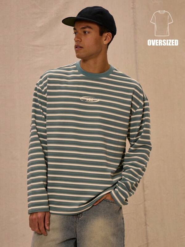Musero Men Relaxed Fit Crew Neck Graphic Letter Print Striped Long Sleeved Top Autumn Winter