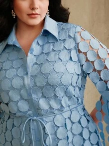 Anewsta Plus Size Women's Summer Long Dress, 3/4 Sleeve, Blue Circular Pattern, A-Line Elegant Shirt Dress