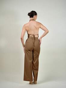 Andrea Bello Deep V Neck Sleeveless Backless Top And Wide Leg Pants 2 Pieces Set, Elegant Lady Style Suit For Office, Commuting, Street Wear, Slimming & Height Enhancing, Spring/Summer - Camel - View 4