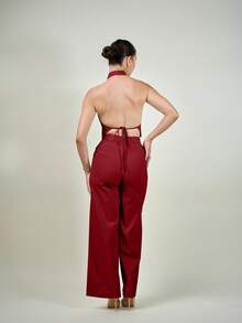 Andrea Bello Deep V Backless Camisole And Wide Leg Pants Suit For Office, Commuting And Going Out, Spring Summer - Red - View 5