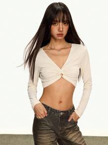 Rina Fox Blusa de manga larga y corta de unicolor de moda para mujer