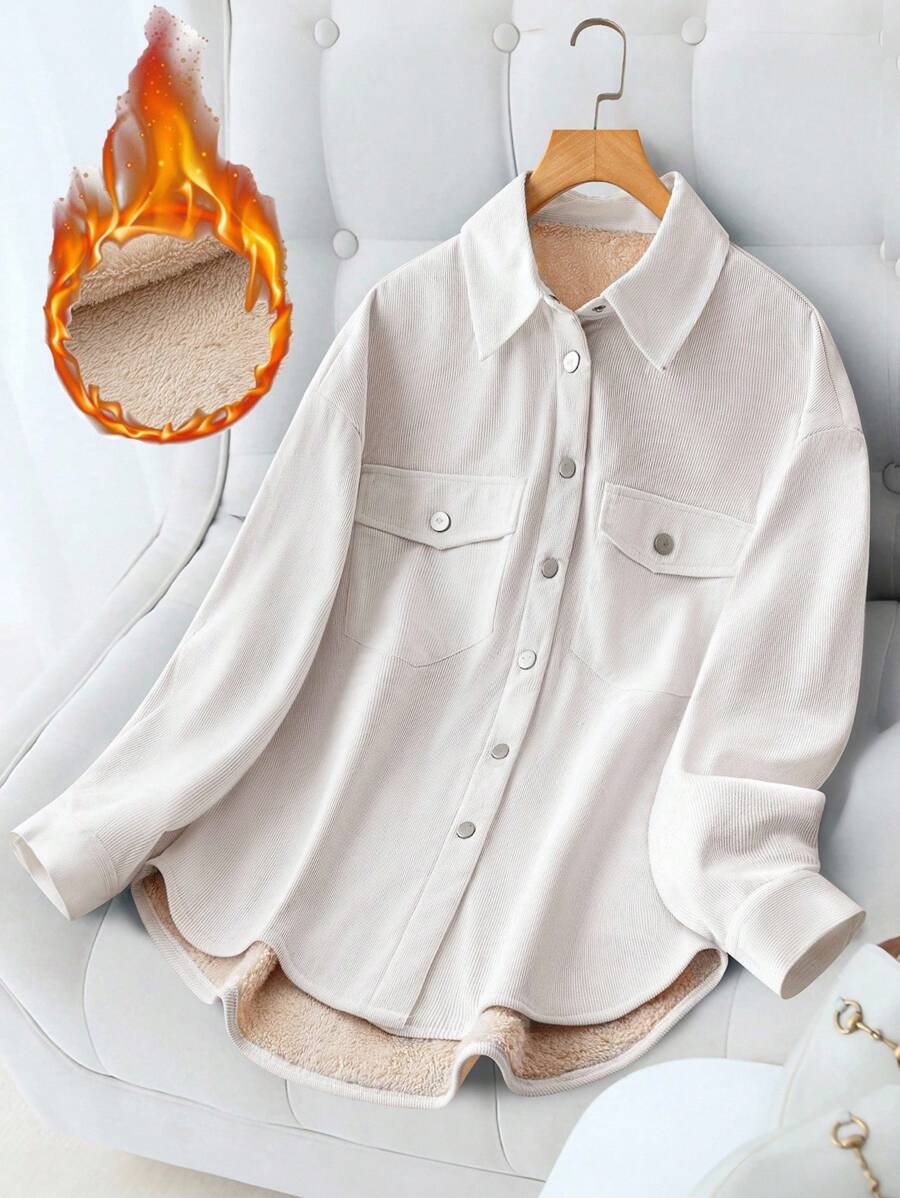 SHEIN PETITE 女式长袖单排扣休闲灯芯绒衬里夹克 - 白色 - 查看 1