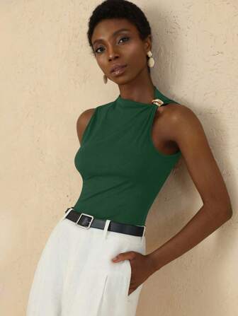 Vesra 女式纯色简约无袖背心，带金属肩饰，适合日常穿着