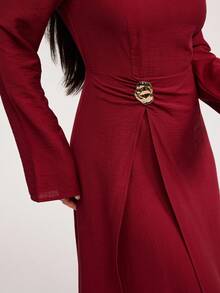 Veilorie Elegant Red High Slit Waist Cinched Dress