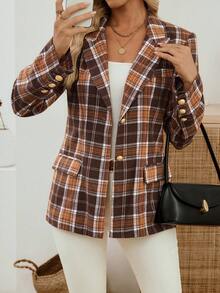 EMERY ROSE Women's Shoulder Padded Long Sleeve Brown Plaid Lapel Single-Breasted Blazer,Summer Business Casual Office Jacket,Back-To-School Fashion Suit Jacket - Brown - View 8
