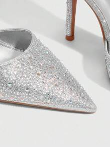 CUCCOO SZL Women's Pointed Toe Rhinestone Embellished Ankle Strap Stiletto High Heel Party Pumps For Christmas - Silver - View 12