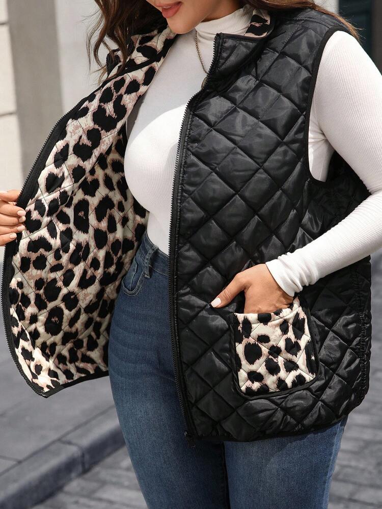 Plus Size Women Leopard Print Reversible Zipper Front Casual Vest Jacket, Winter, Fall Women's Clothes, Autumn/Winter,Winter Clothes For Women