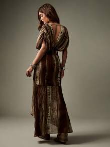 MISSGUIDED 波西米亚风条纹长裙，垂坠袖，高腰 V 领长裙，秋冬优雅晚会婚礼宾客飘逸长袍 - 彩色 - 查看 2