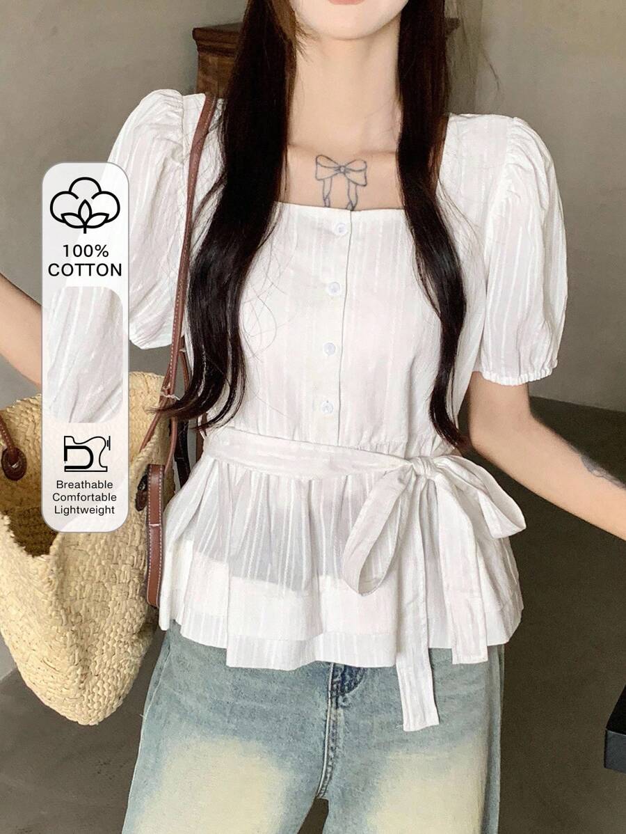 DAZY 女士方领休闲泡泡袖韩版清新休闲短袖衬衫，娃娃装上衣 - 白色 - 查看 1