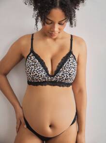 SHEIN BloomMama Leopard Print Lace Trim Nursing Bra For Pregnant Women For Feeding Mothers