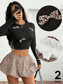 Coolane Women's Round Neck Long Sleeve Bow Decor Cropped Top & Flare Skirt 2 Pieces Set