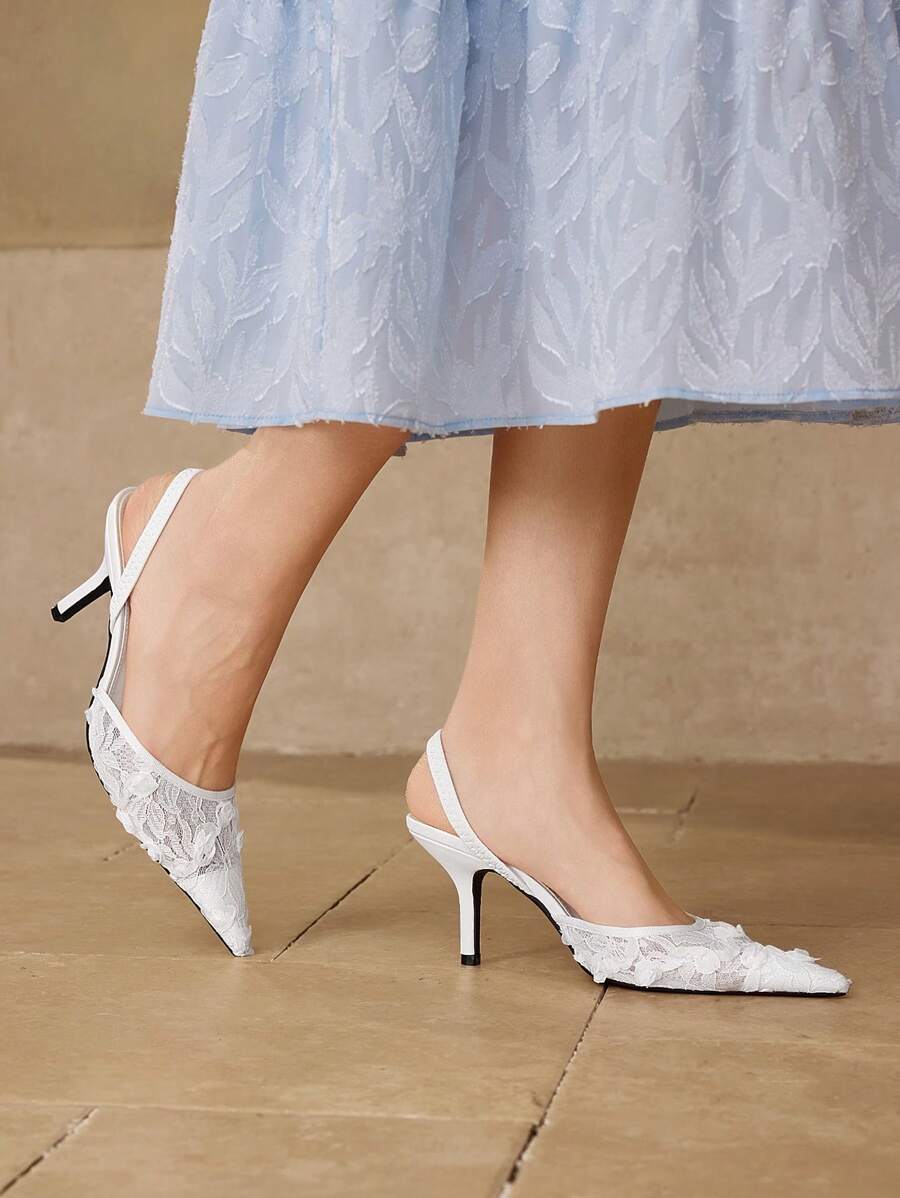 MOTF WOMEN'S LACE APPLIQUES STILETTO HEEL PARTY PUMPS - White - View 1