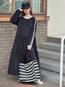 DAZY 少女 A 字连衣裙，宽松休闲小图案刺绣撞色丝带，秋季 - 藏蓝色 - 查看 6