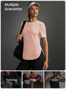 女士休闲运动网眼拼布圆领短袖 T 恤 - 珊瑚粉 - 查看 5