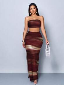 SOLERSUN 深红色波浪高弹优雅全身数码印花紧身性感外出时尚派对度假女士抹胸长裙套装 - 彩色 - 查看 4