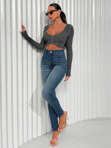 EURMUSE Casual Commute Washed High Waist Slim Fit Jeans Long Sleeve Cropped Top Jeans Top Jeans High Waist Jean Two Piece Set Tall Jeans Woman - Medium Wash - View 3