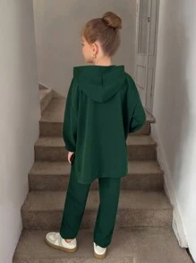 SHEIN Tween Girl Drop Shoulder Hoodie & Sweatpants - Green - View 2