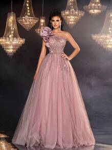 Glamrae 优雅奢华缎面肩部串珠亮片装饰薄纱泡泡裙，适合婚礼、派对、毕业典礼、度假、舞会、庆典（重度装饰） - 藕粉色 - 查看 8